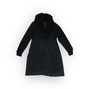 BISOU Women dark denim long jacket with removable faux fur collar.
